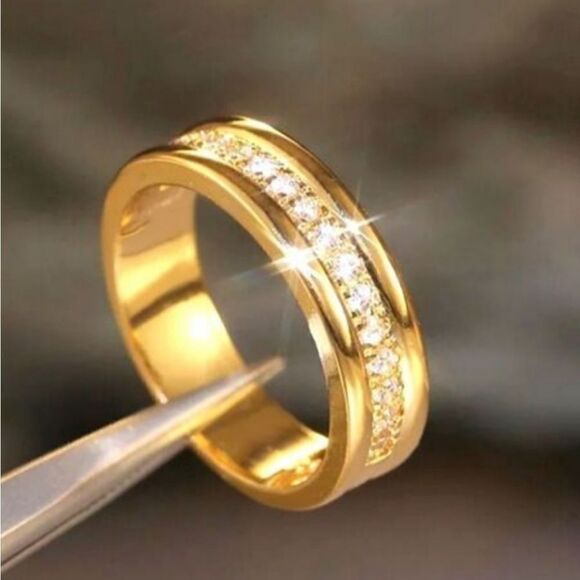 18K Bright Yellow Gold Diamond Wedding / Cocktail Ring on Titanium - Picture 2 of 6